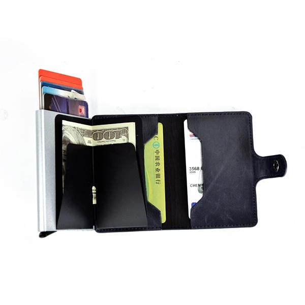 Men Faux Leather Retro Automatic Card Case Metal Holder Wallet