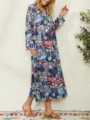 Women Colorful Print Colorblcok Half Zipper Front Maxi Dress With Pocket