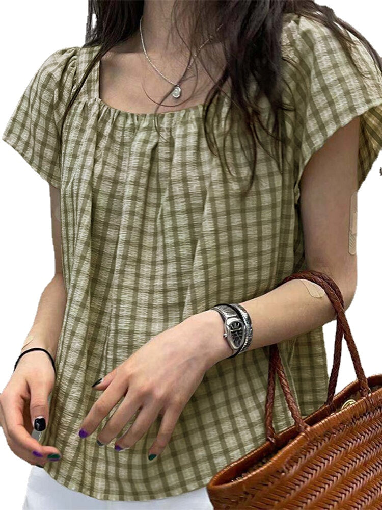 Plaid Square Collar Short Sleeve Casual Blouse