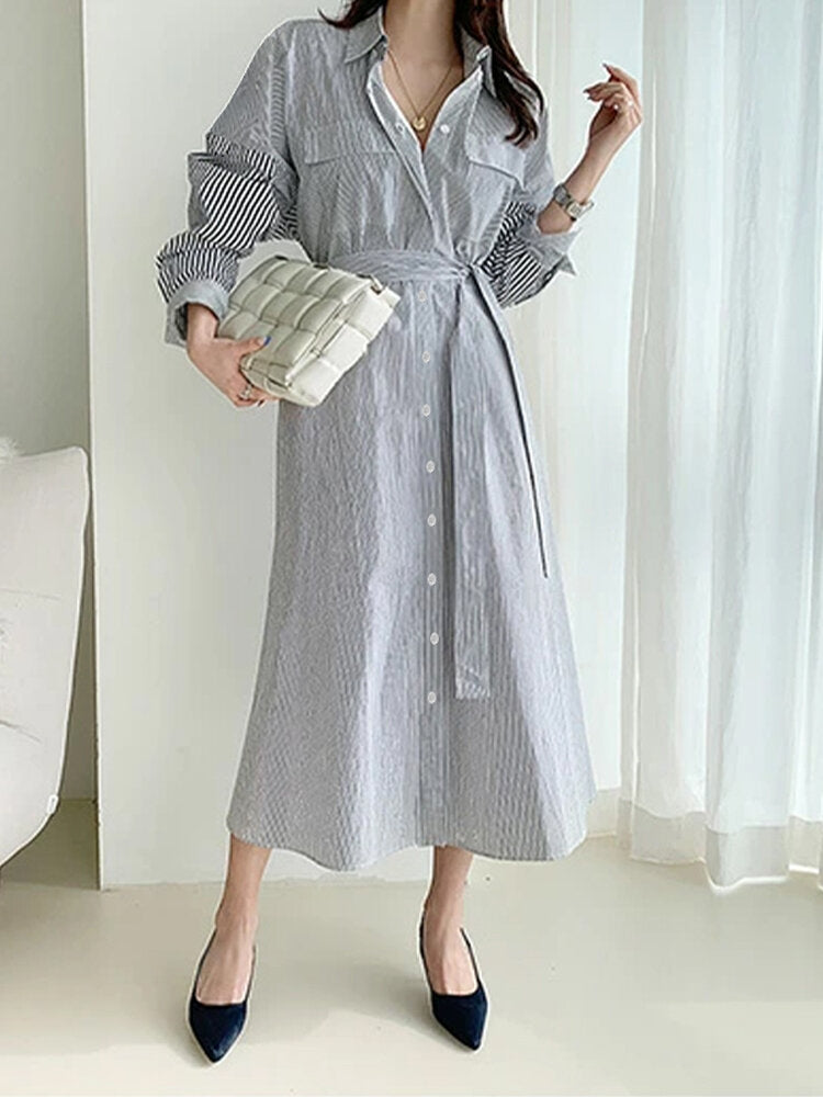 Stripe Contrast Color Pocket Belt Button Down Shirt Dress