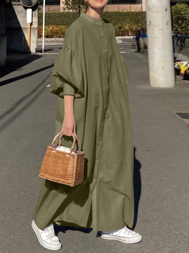 Solid Button Stand Collar Lantern Sleeve Maxi Shirt Dress