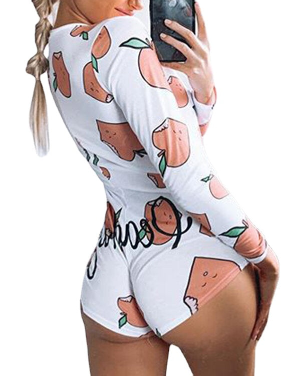 Fruit Vegetable Print Front Button V Neck Long Sleeves Casual Playsuits