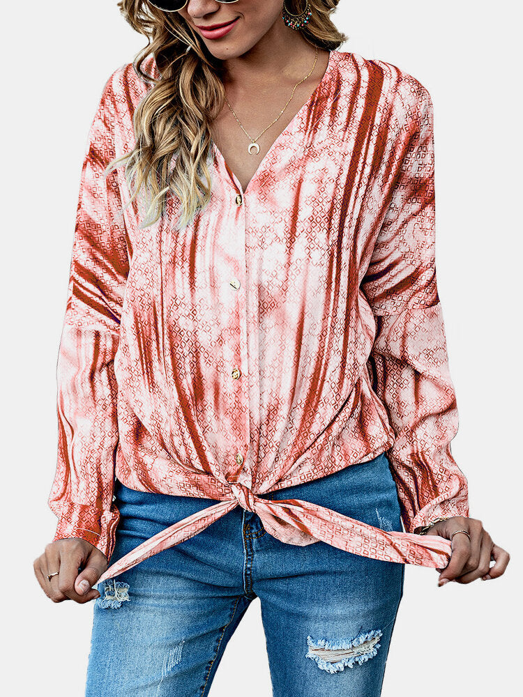 Women Tie Dye Print Knotted Long Sleeve Casual Blouse