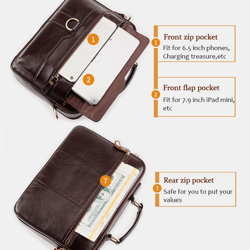 Men Genuine Leather Multi-pocket Crossbody Bags Large Capacity Retro 6.5 Inch Phone Bag Briefcase Shoulder Handbag