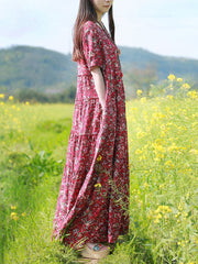 Women Vintage Ditsy Floral Print Half Button Short Sleeve Maxi Dresses