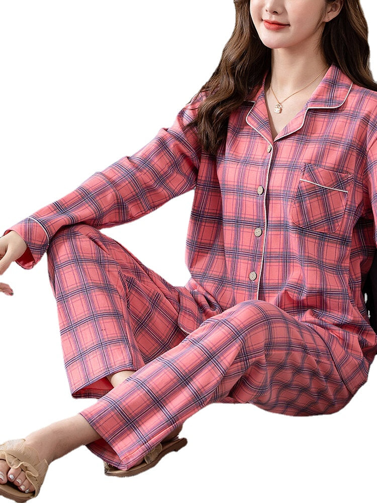 Women Plaid Print Revere Collar Chest Pocket Shirt Elastic Waist Pants Two Piece Pajama Set