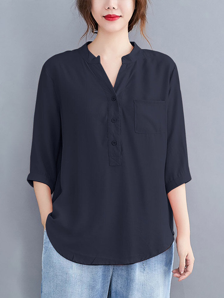 Solid Button Pocket V Neck Casual Blouse