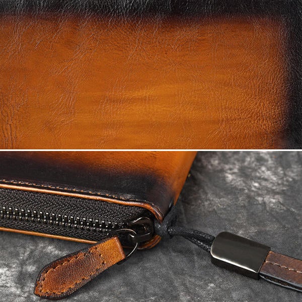 Men Genuine Leather Long Zipper Phone bag Wallet