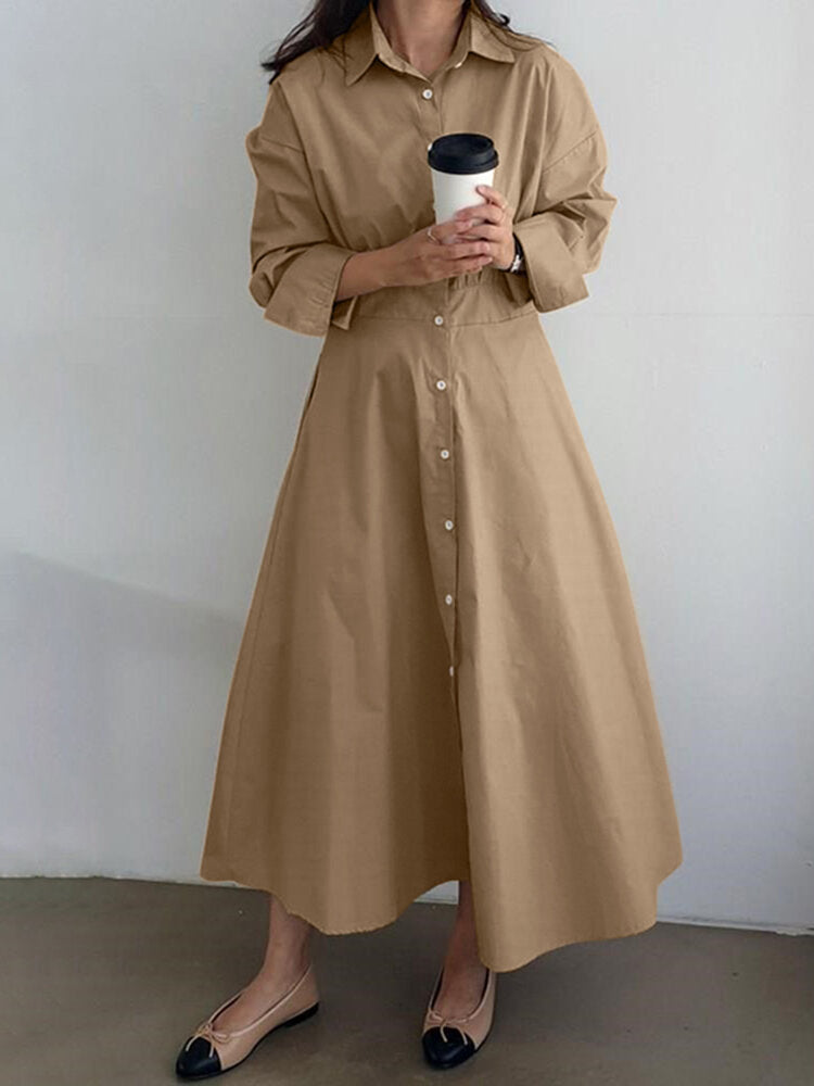 Women Puff Sleeve Pleated Solid Color Lapel Collar Buttons Ankle Length Midi Dresses