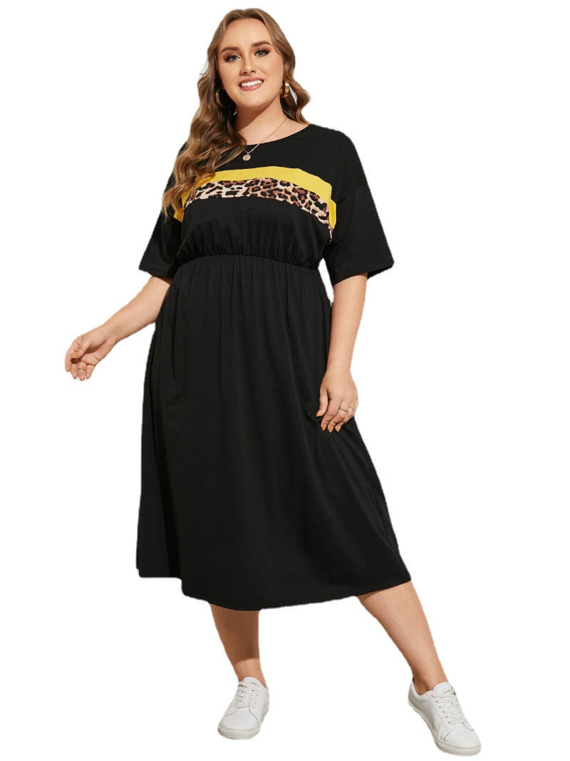 Plus Size Leopard Elastic Waist Patchwork Dress