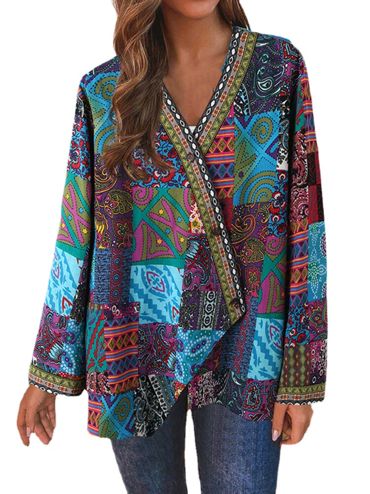 Women Retro Floral Print Patchwork Long Sleeve Irregular Cotton Ethnic Style Vintage Cardigans