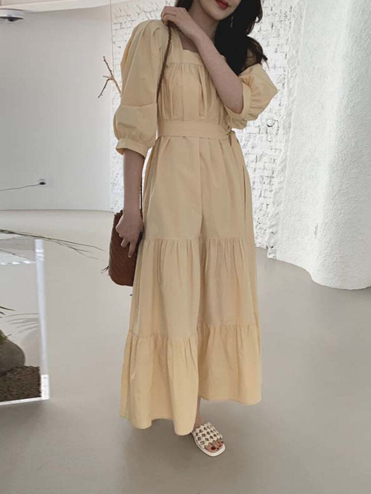 Women's Puff Sleeve Solid Spliced Pleated Casual Loose Daily Dress