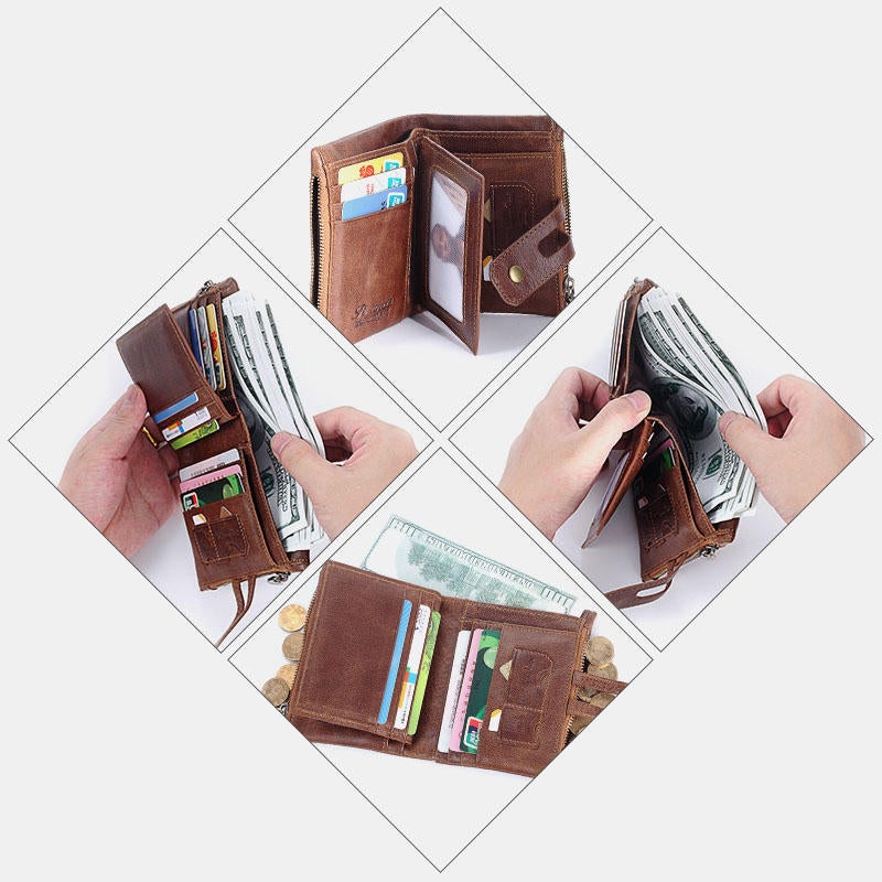 Men Retro Genuine Leather RFID Blocking Wallet 15 Card Slots Zipper Wallet