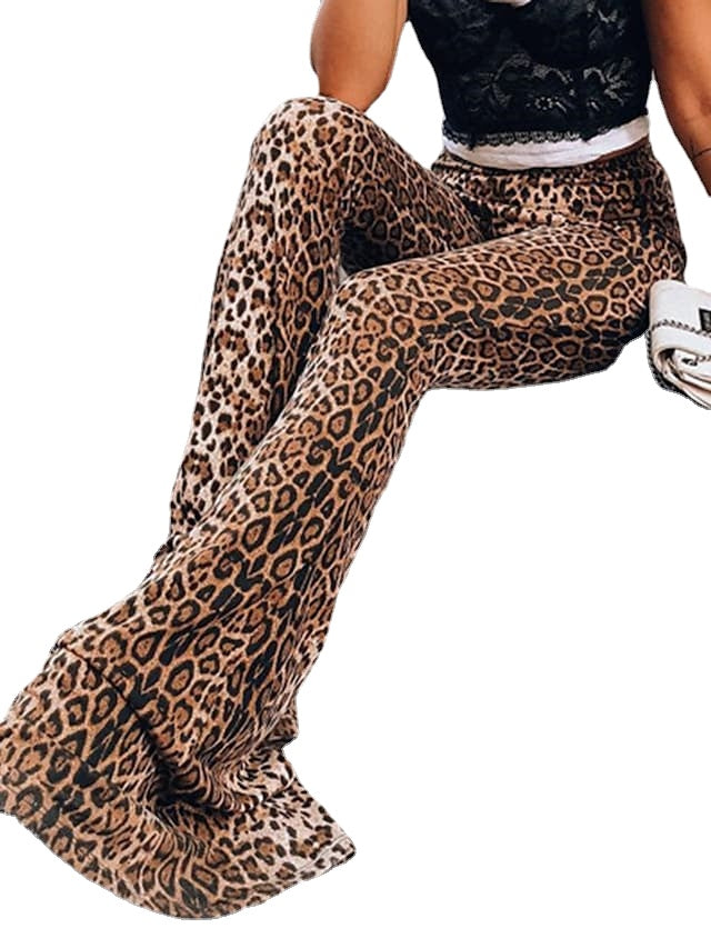 High Waist Casual Micro-elastic Leopard Women's Flare Pants