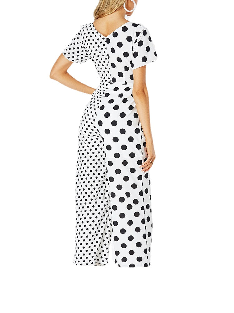 Women Polka Dots Print Patchwork Knotted Short Sleeve Casual Jumpsuit With Pocket