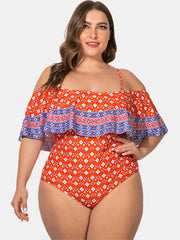 Plus Size Sling Ruffled Trim Printed Swimwear Off Shoulder One-Pieces