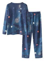 Women Starry Sky Print Cute Pullover Loose Elastic Waist Cartoon Home Pajama Set