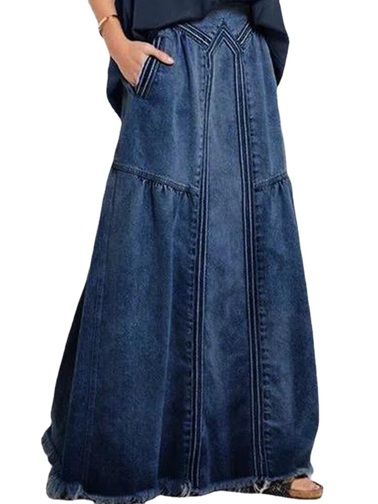 Women Distressed Solid Color Elastic Waist Loose Denim Skirt With Pocket