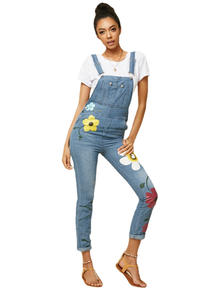 Women Casual Big Flower Print Pockets Denim Jumpsuit