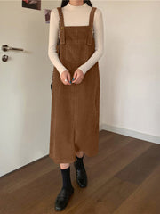 Women Solid Adjustable Shoulder Strap Front Pocket Corduroy Button Sleeveless Midi Dresses