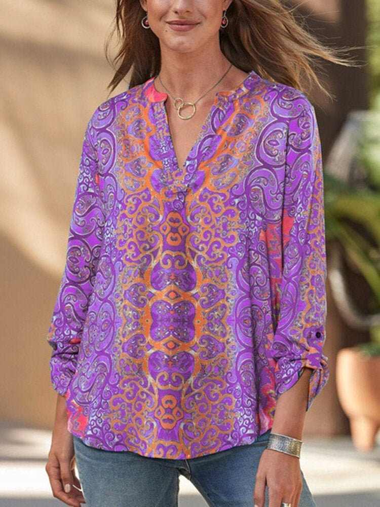 Women Ethnic Style Tribal Print V-Neck Long Sleeve Vintage Blouses