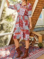 Women Bohemia Ethnic Style Colorblock Print Lapel Long Sleeve Shirt Dress