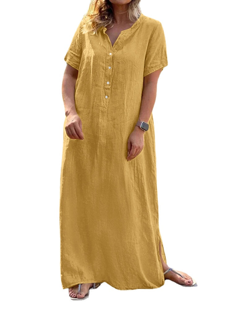 Casual Solid Crew Neck Short Sleeve Button Bohemia Maxi Dress