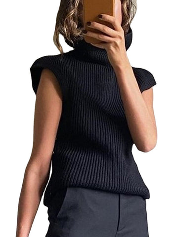 Women High Neck Solid Color Shoulder Padded Cap Sleeve Knitted Sweaters