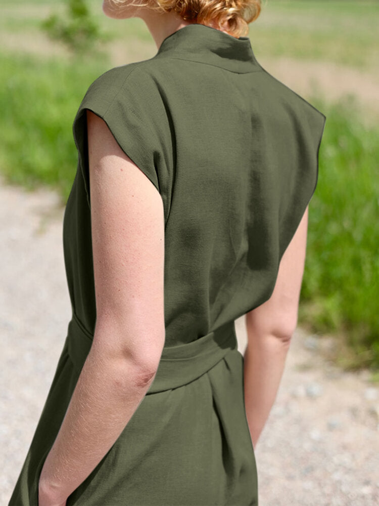 Solid Sash V Neck Pocket Sleeveless Casual Cotton Jumpsuit