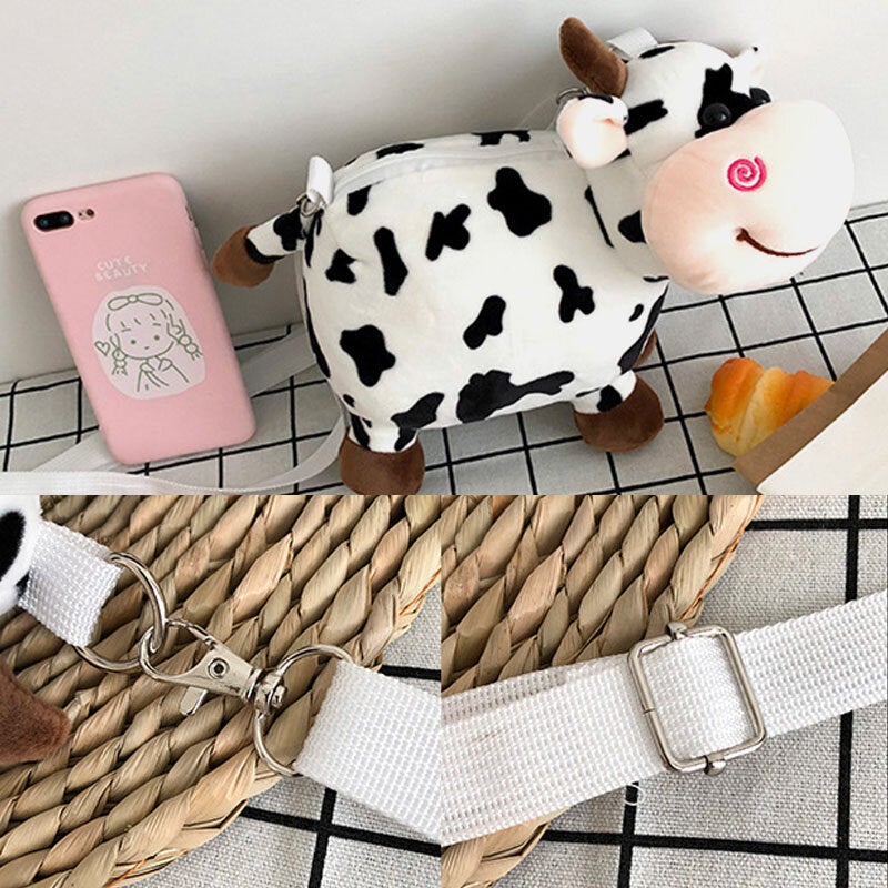 Women Cute Plush Cow Mini Bag 6.3 Inch Phone Messenger Crossbody Bag