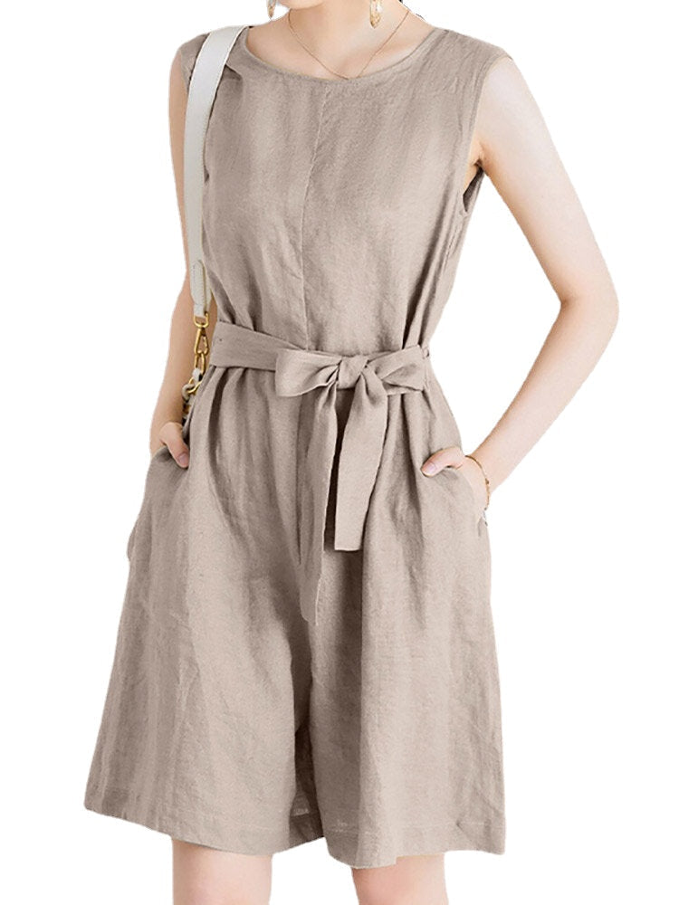 Cotton Solid Sash Pocket Sleeveless Round Neck Zip Casual Romper