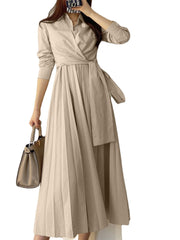 Solid Pleated Tie Long Sleeve Lapel A-line Shirt Dress