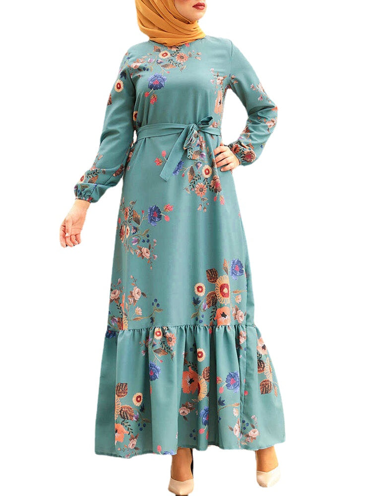 Women Floral Print Lace-Up Ruffle Hem Long Sleeve Retro Maxi Dresses