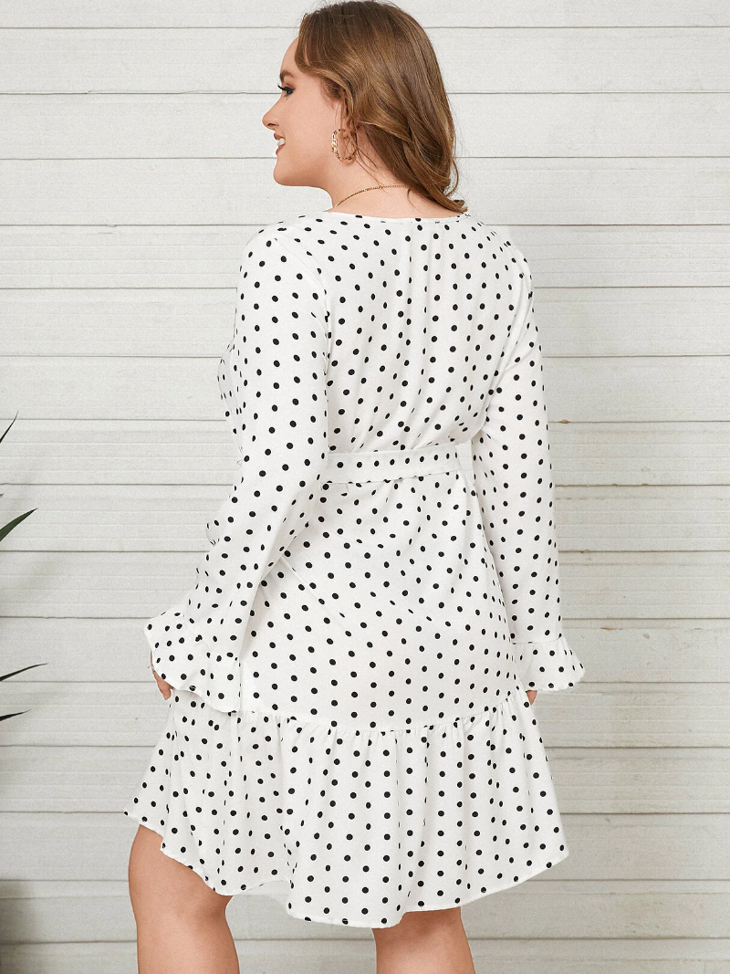 Plus Size V-neck Polka Dot Belt Design Button Design Dress