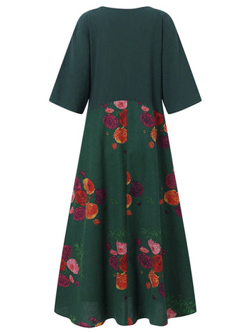 Women Bohemian 100% Cotton Floral Printed Ankle Length Midi Dresses