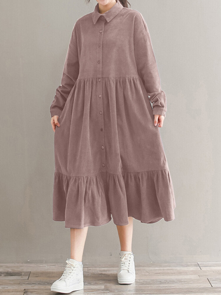Women Corduroy CasualLace-up Ruffles Hem Loose Full Sleeve Mid-Calf Length Midi Dress