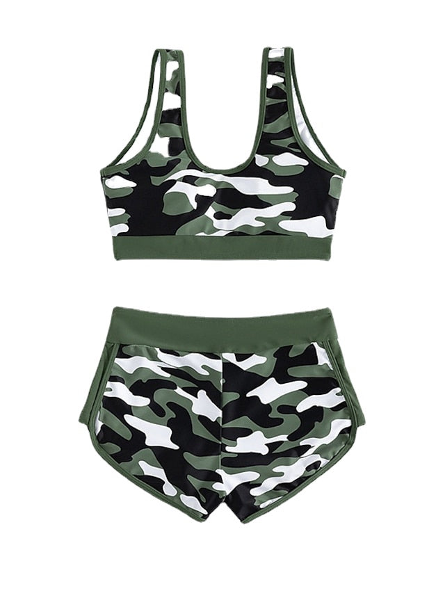 Women's Swimwear Bikini 2 Piece Normal Swimsuit Open Back Printing Camo Camouflage Army Green Tank Top Scoop Neck Bathing Suits Sexy Vacation Fashion / Modern / New