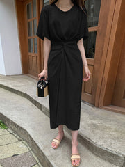 Cotton Solid Bowknot Short Sleeve Maxi Dress