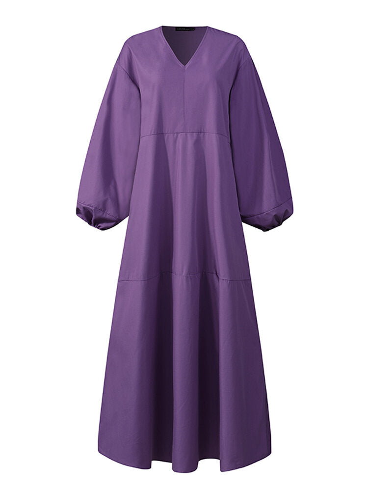 Women Solid V-neck Puff Sleeve Loose Plain Casual Maxi Dress With Pocket