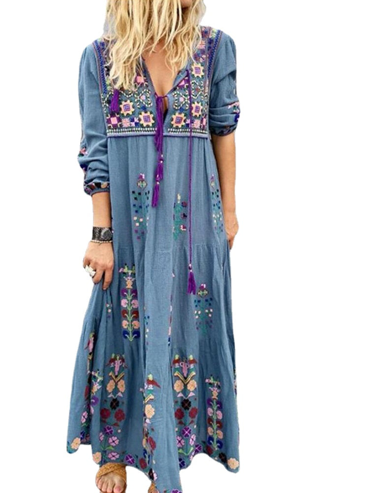 Bohemian Casual Patchwork V Neck Floral Embroidery Maxi Dress