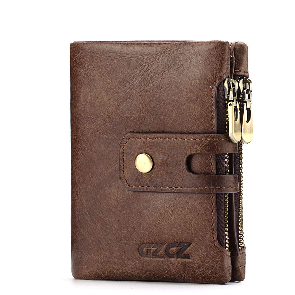 Men Women Retro Genuine Leather Tri-fold Wallet Card Holder Double Zipper