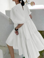 Puff Sleeve Leisure Pleating Solid Summer Dress For Women