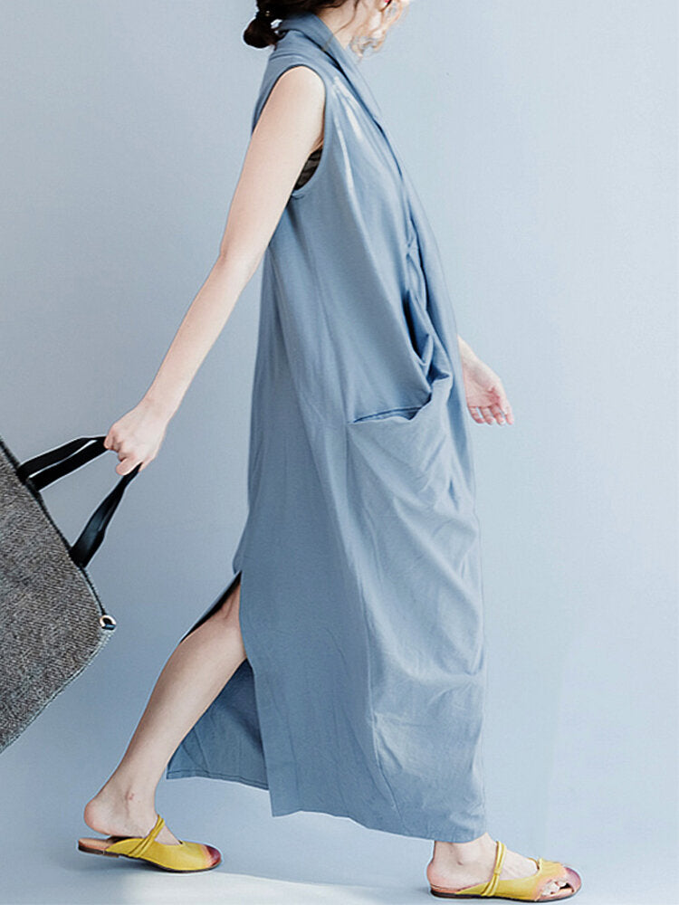 Women Sleeveless V Neck Solid Color Maxi Dress