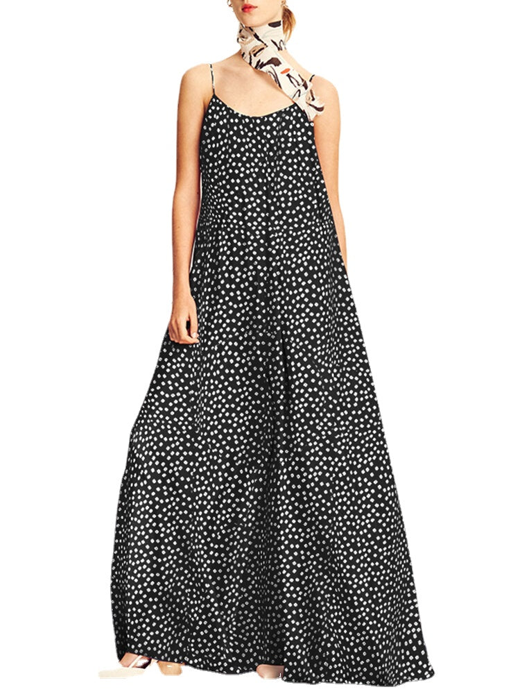 Women Polka Dot Print Spaghetti Straps Casual Maxi Dresses