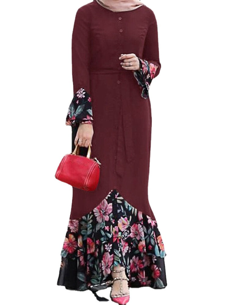 Women Floral Print Patchwork Mermaid Hem Long Sleeve Lace-Up MaxiDress