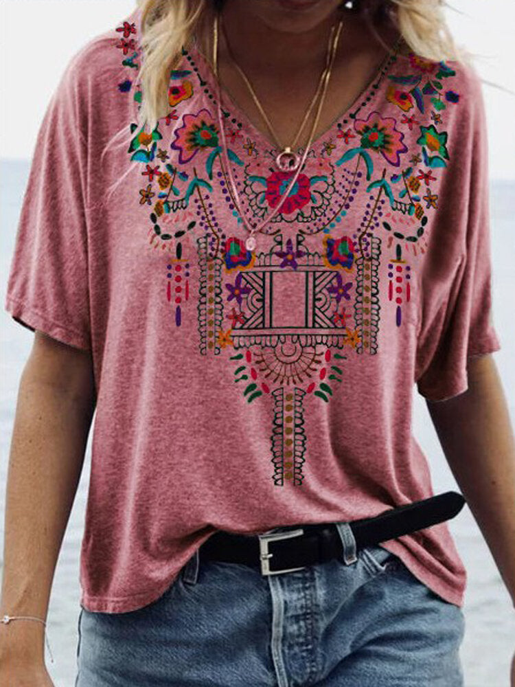 Bohemian Short Sleeved V-neck Floral Print Ethnic Blouse For Women