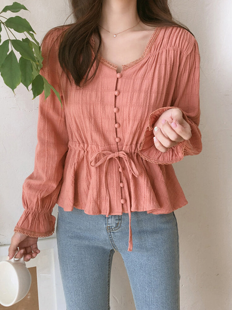 Solid Drawstring Flounce Sleeve Button V-neck Blouse