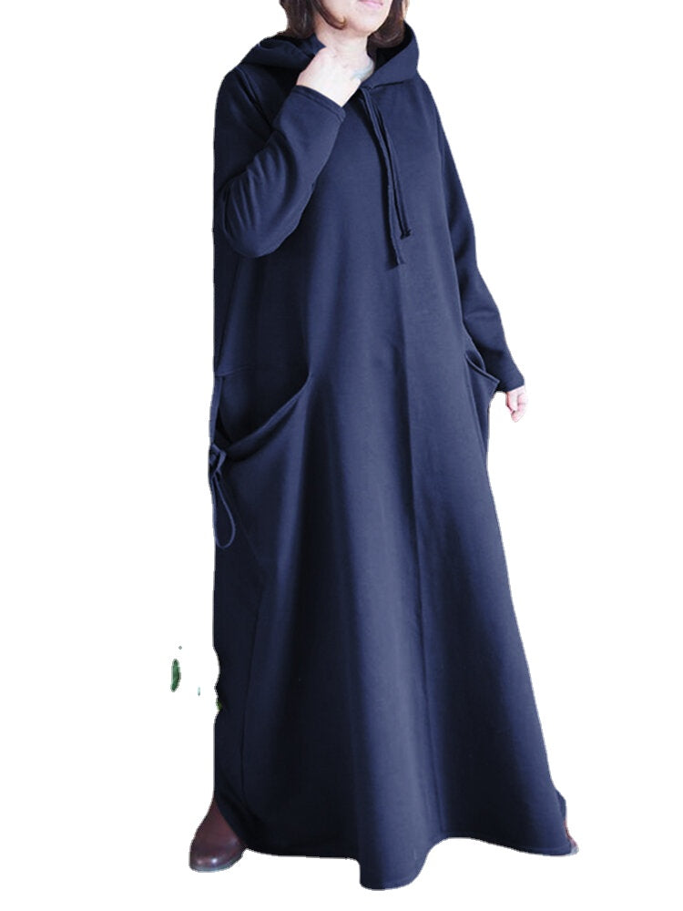 Women Solid Color Side Double Pocket Loose Hooded Maxi Dresses