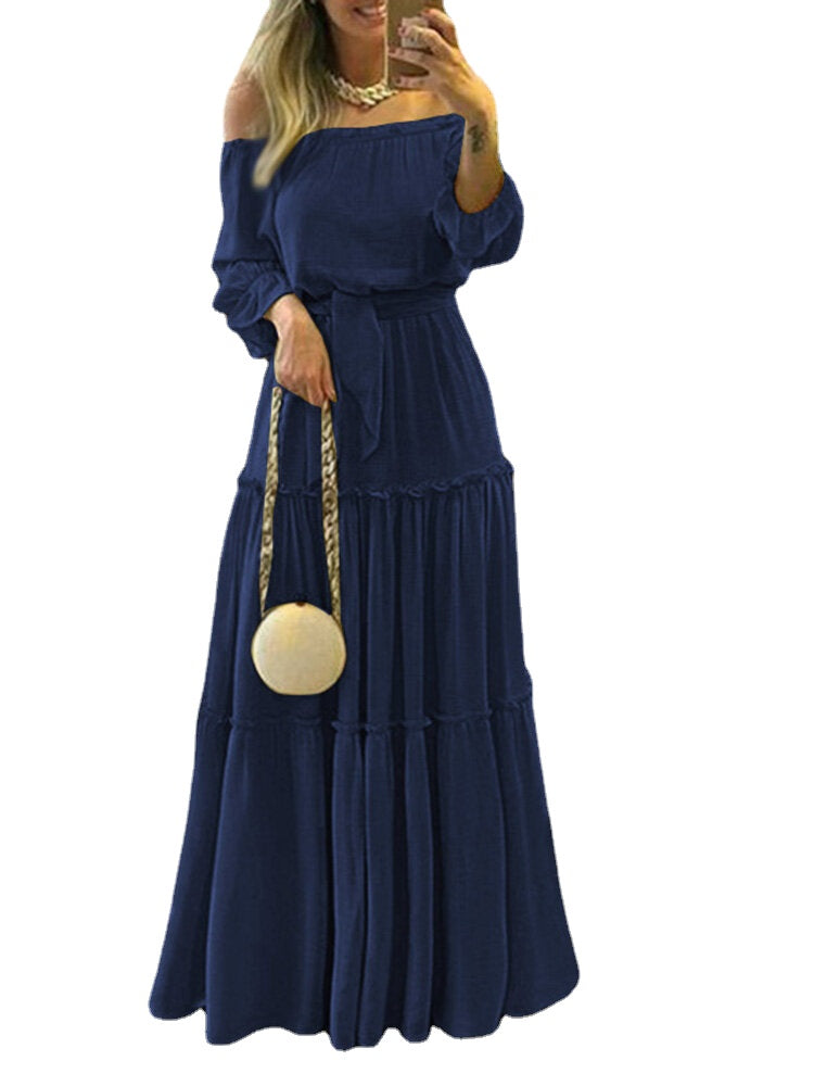 Women Off Shoulder Puff Sleeve Pleated Patchwork Elegant Solid Color Maxi Dress