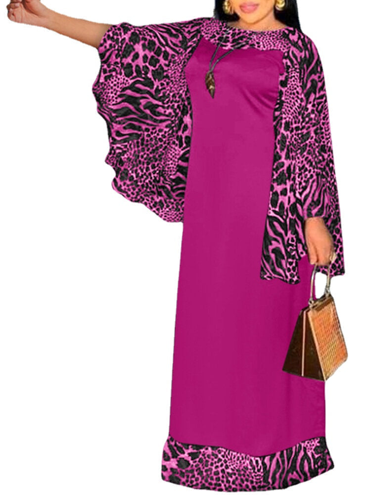 Leopard Print Splicing Leisure Casual Holiday Maxi Dress For Women